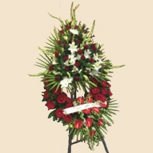 COURONNE SUR TREPIED BLANCHE ET ROUGE AVEC FRONTON