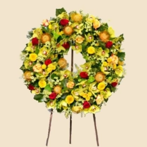 COURONNE SUR TREPIED JAUNE ET ROUGE