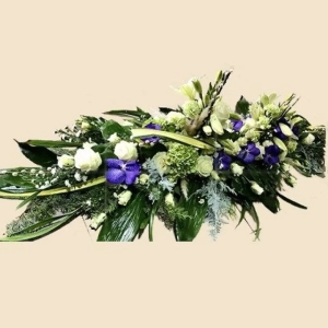 DESSUS DE CERCUEIL BLANC VERT AVEC TOUCHE DE VIOLET
